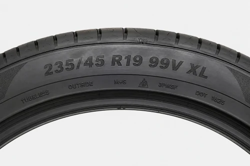 Nærbilde av dekkets sidevegg med merkingen 235/45 R19 99V XL