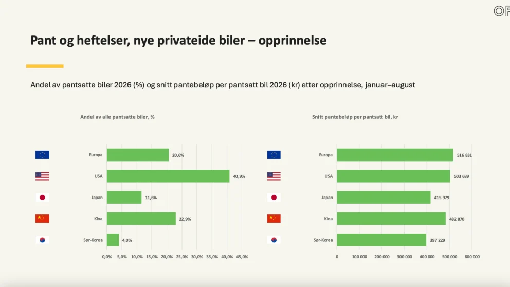 Amerikanske biler står for 40,9 prosent av alle pantsatte nye privatbiler i OFVs analyse, foran kinesiske biler med 22,9 prosent og europeiske med 20,6 prosent. Det gjennomsnittlige pantebeløpet er høyest for europeiske biler med 516 831 kroner, mens kinesiske biler ligger på 482 870 kroner. Kilde: OFV.