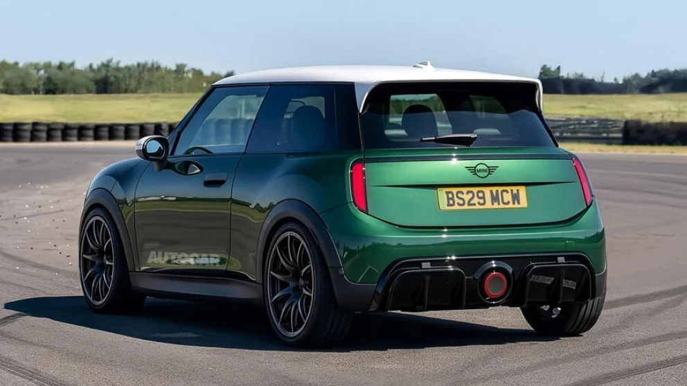 Autocar-illustrasjon av baksiden av den kommende Mini JCW Electric. Kilde: autocar.co.uk