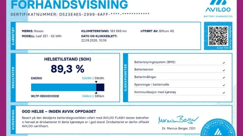 NISSAN Leaf 62kWh 62 kwh, Tekna, Batterhelse test, Helskinn,