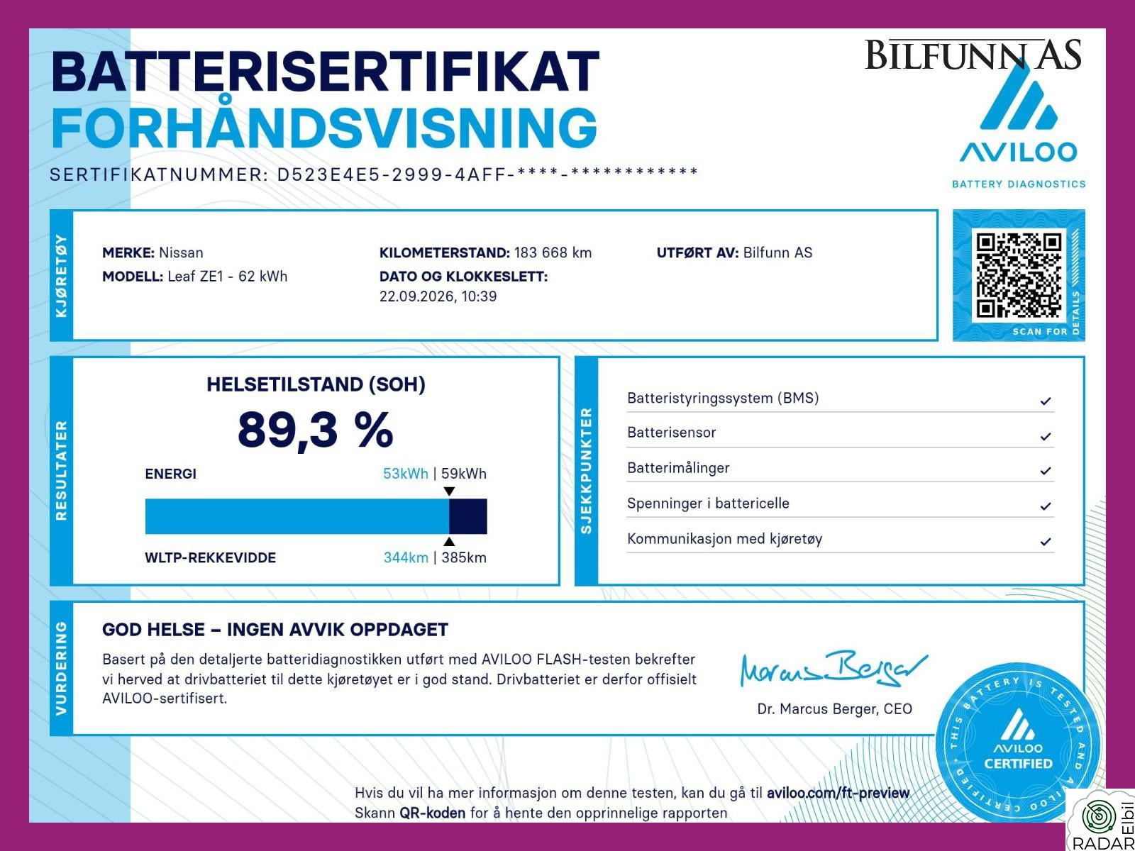 NISSAN Leaf 62kWh 62 kwh, Tekna, Batterhelse test, Helskinn,
