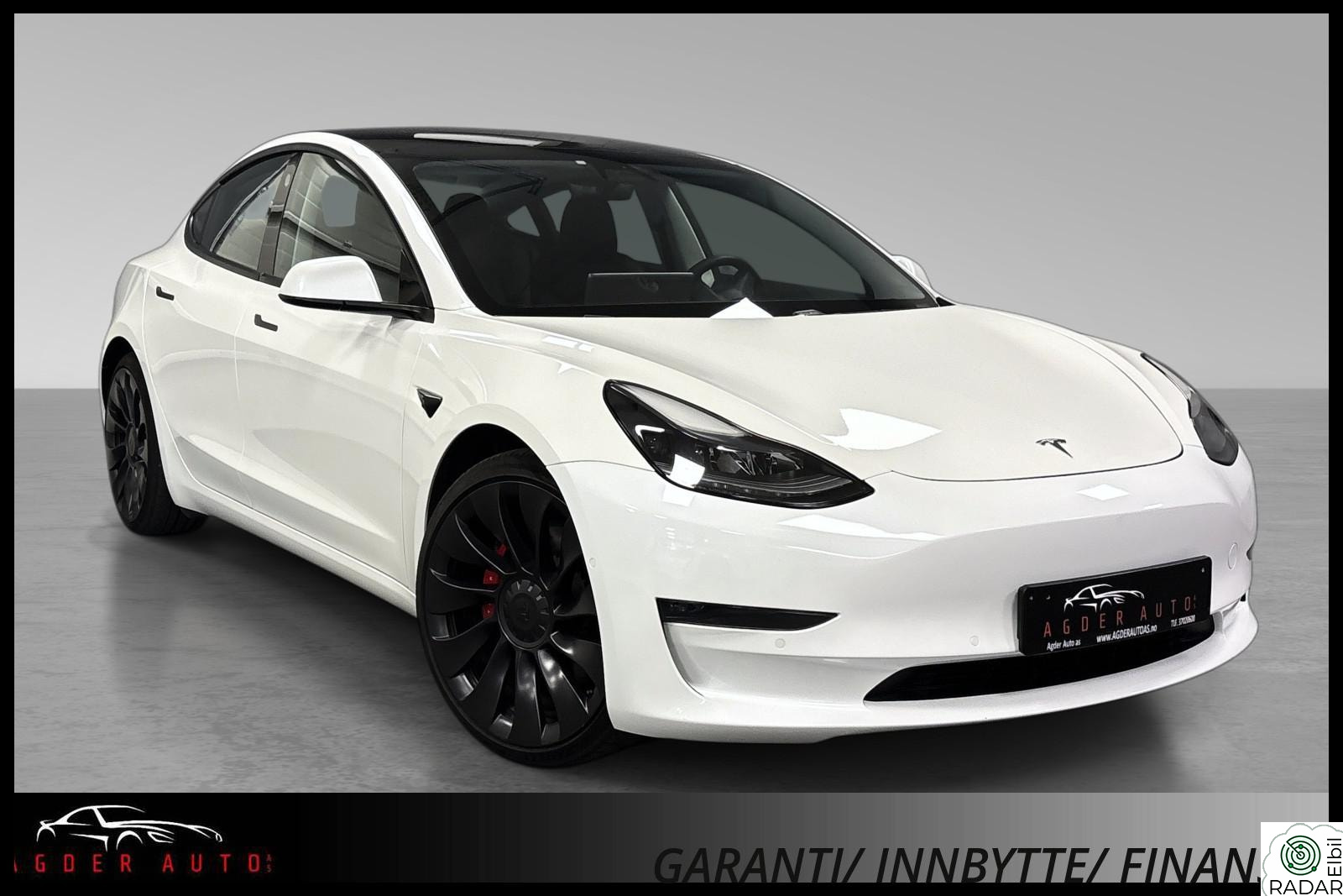 TESLA Model 3 AWD Performance Lav km/Skinn/Pano/AP/ACC/Netflix/2x 20"