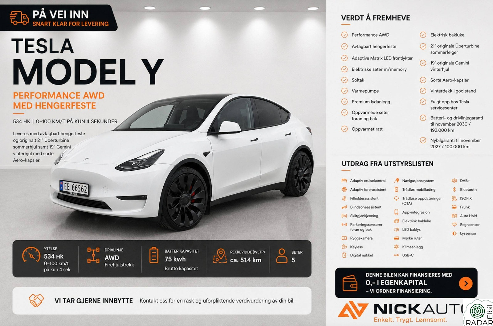 TESLA Model Y Performance AWD Premium Skinn H.feste VI TAR INNBYTTE